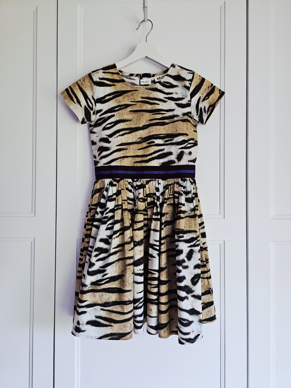 Molo Girls Organic Cotton Tiger-Print Short Sleeve Dress Size 9/10yrs $98
